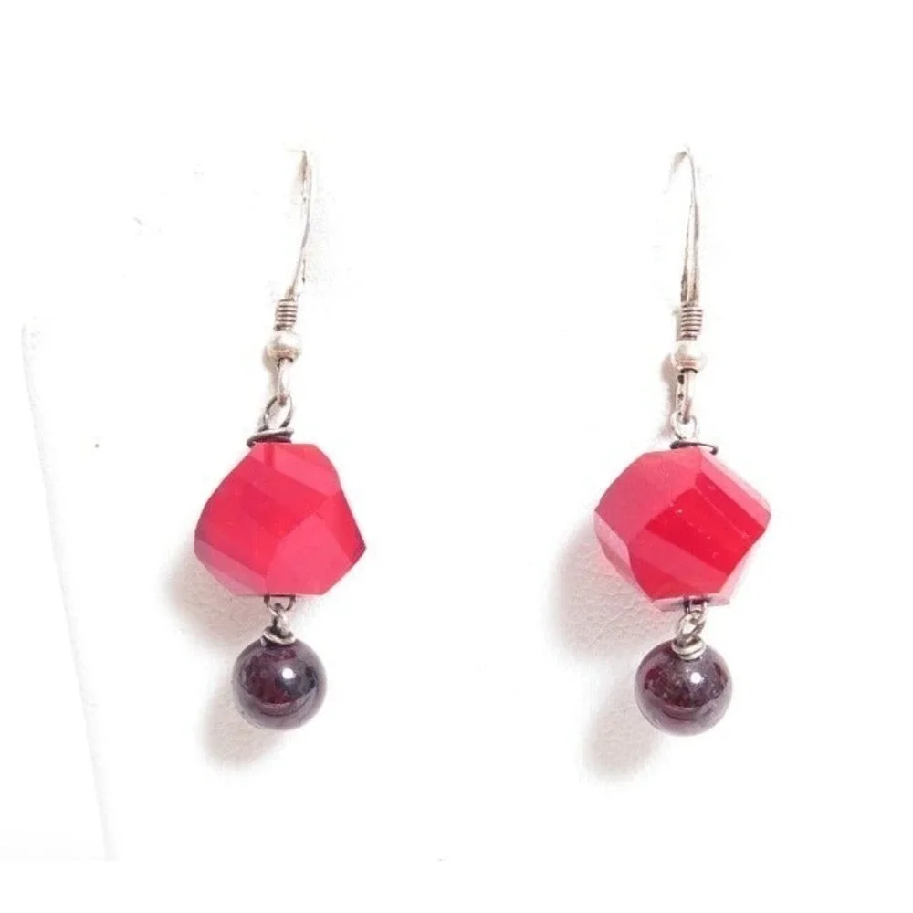 Bright Red Gemstone Sterling Silver‎ Drop  Dangle Earrings